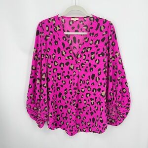 Jodifl hot pink leopard print long-sleeve blouse V-neck ruched cuff sleeves sz M